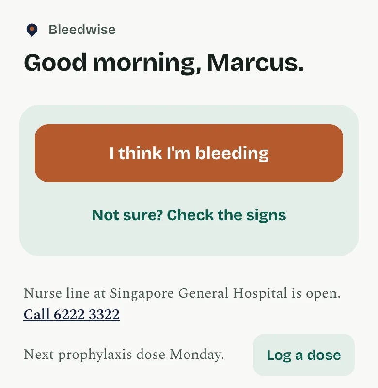 Bleedwise home screen greeting Marcus with one button, I think I'm bleeding